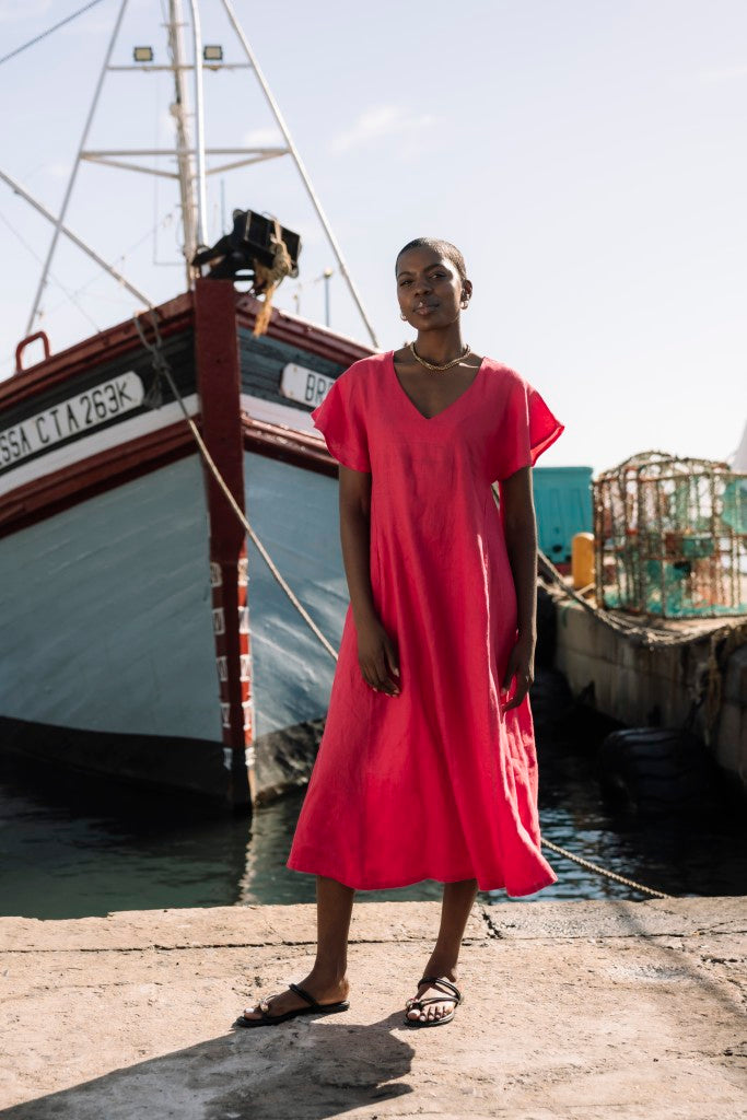 Linen Flute Sleeve Dress in Mandarin