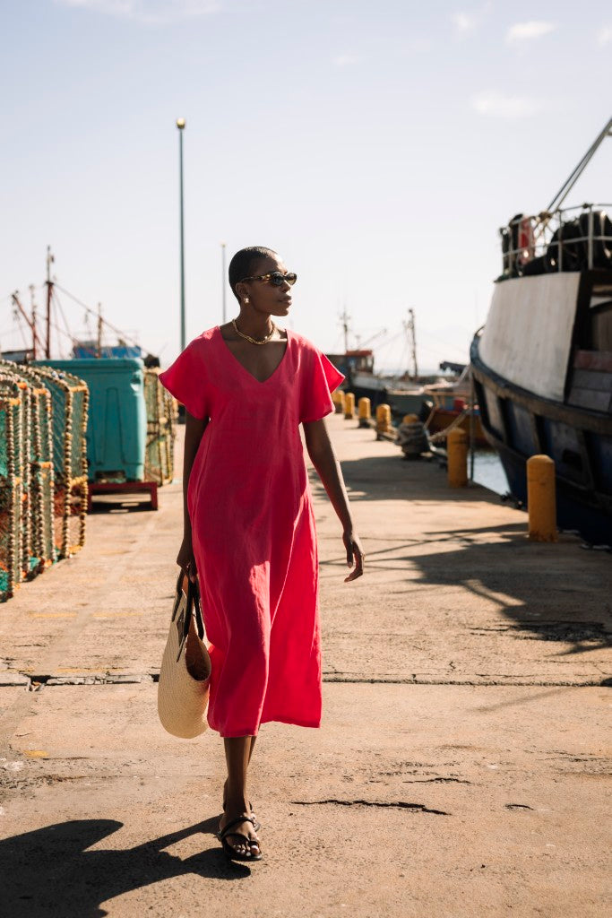Linen Flute Sleeve Dress in Mandarin