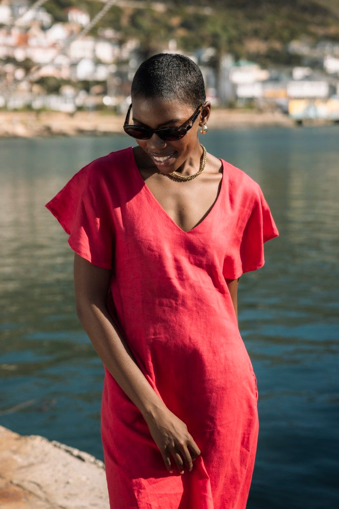 Linen Flute Sleeve Dress in Mandarin