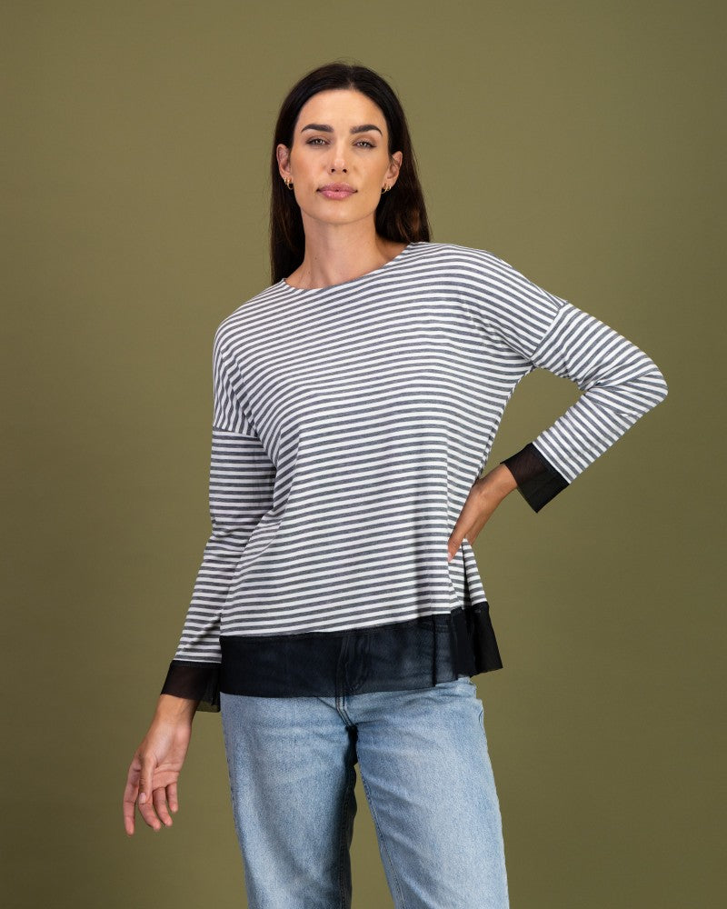 Back Button Tee in Grey Stripe