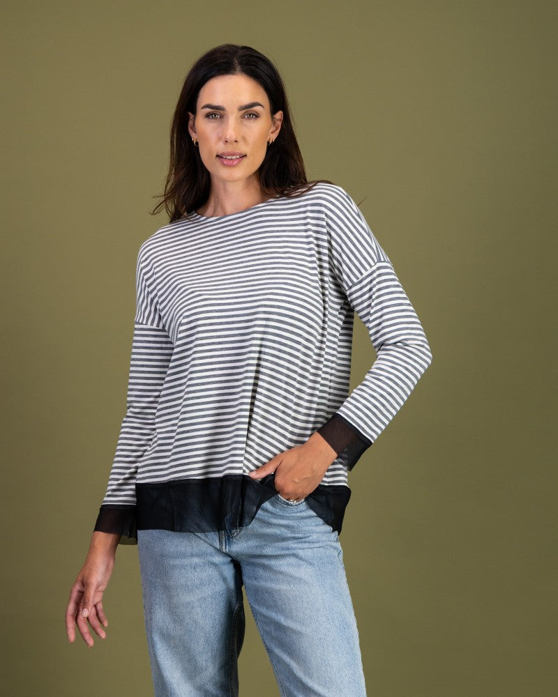 Back Button Tee in Grey Stripe