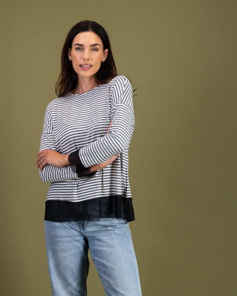 Back Button Tee in Grey Stripe