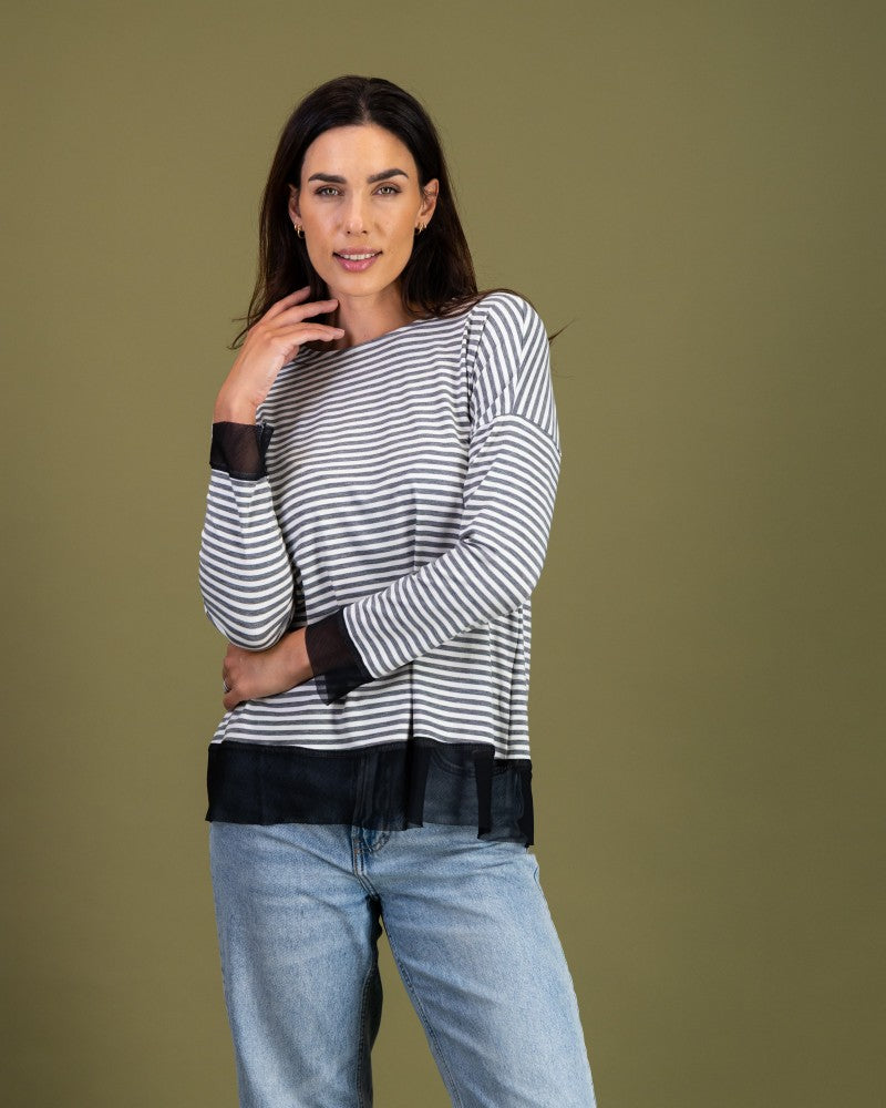 Back Button Tee in Grey Stripe