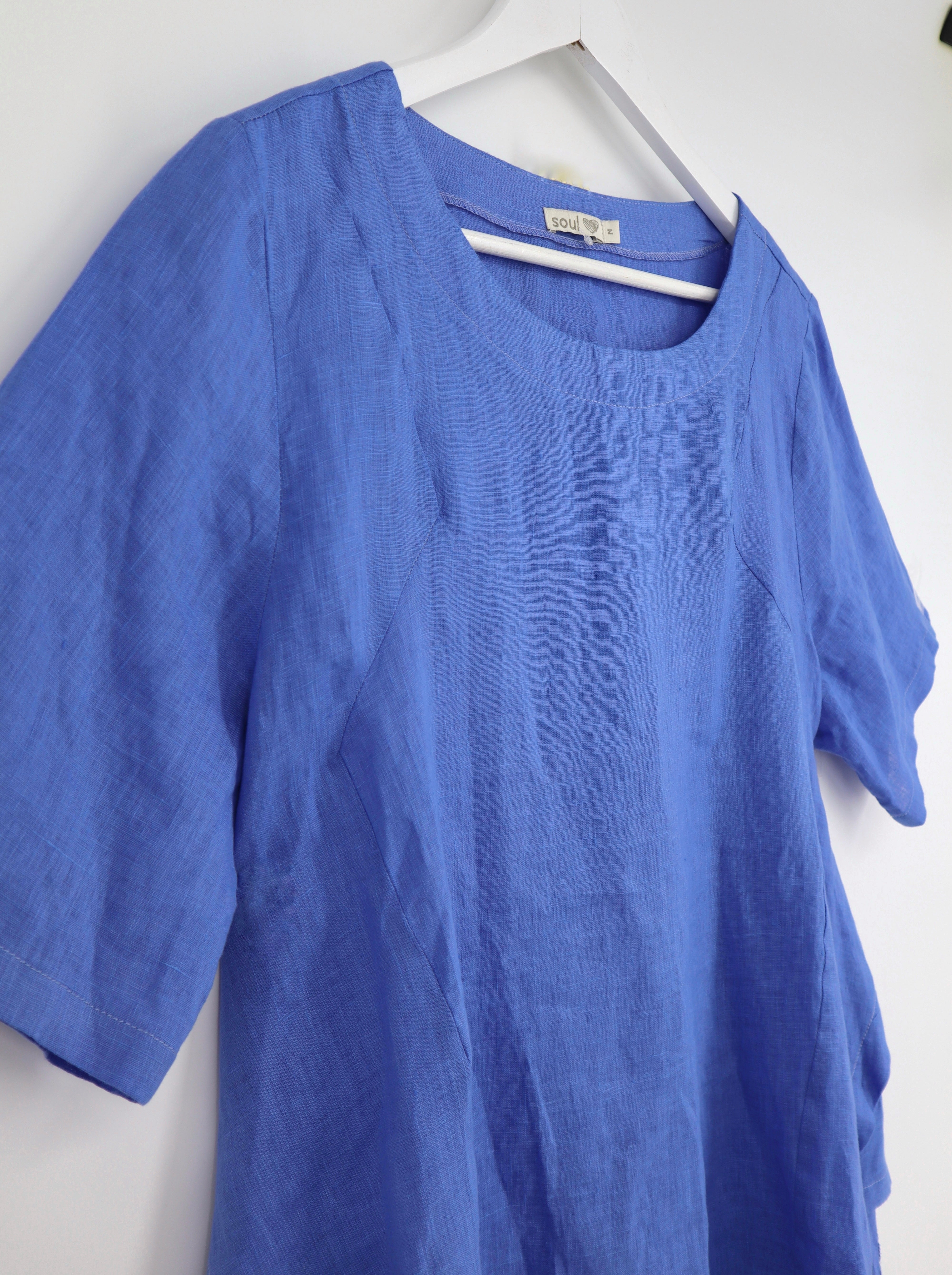 Round Neck Linen Tunic Top in Bluebell