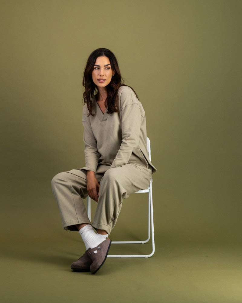 Cotton Fleece Barrel Leg Track Pants in Khaki