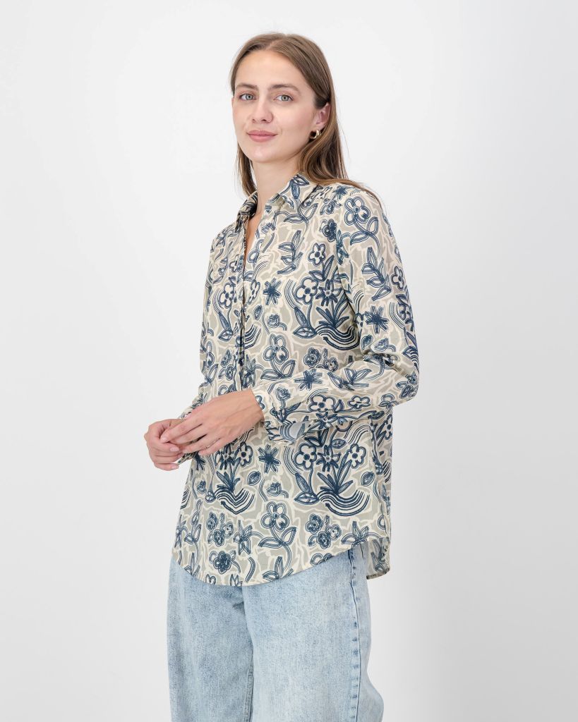 Cotton Printed Shirt in Navy & Stone