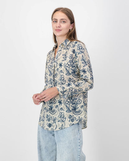Cotton Printed Shirt in Navy & Stone
