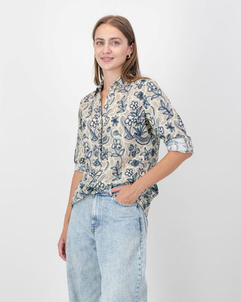 Cotton Printed Shirt in Navy & Stone