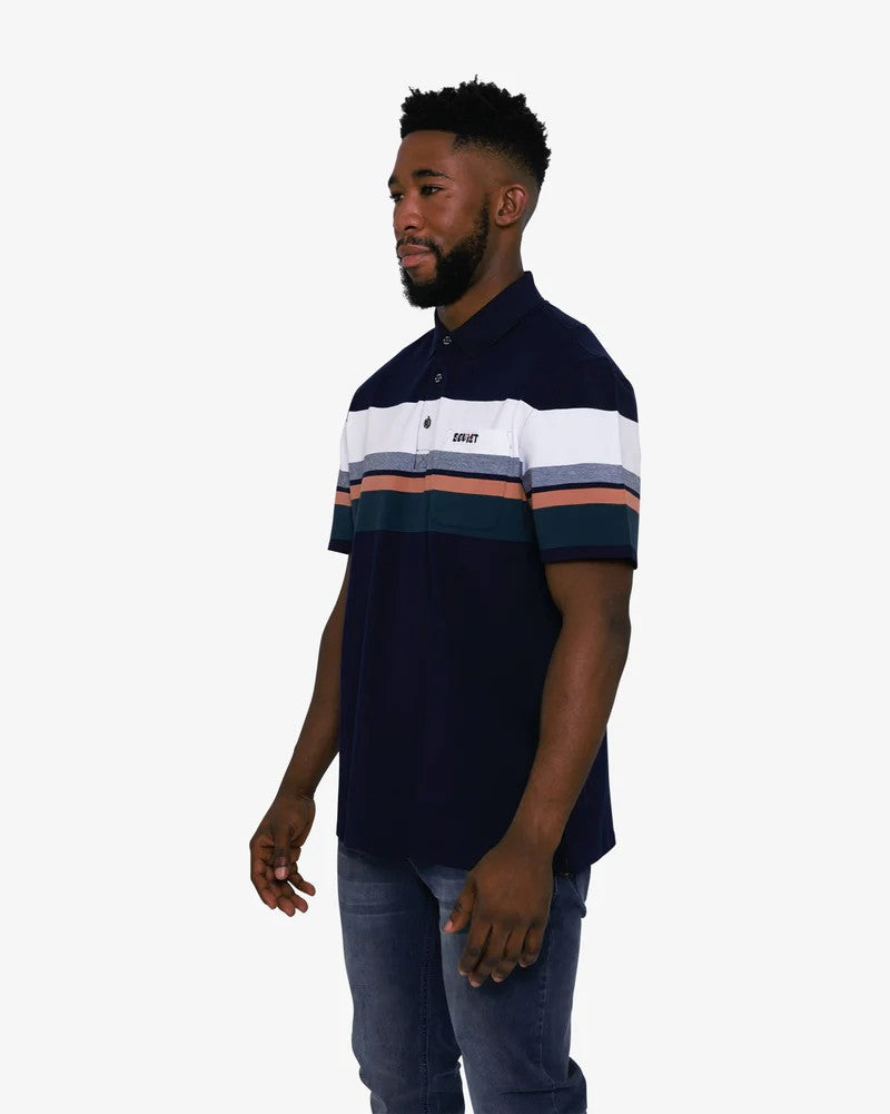 Nappa SS Stripe Golfer in Navy