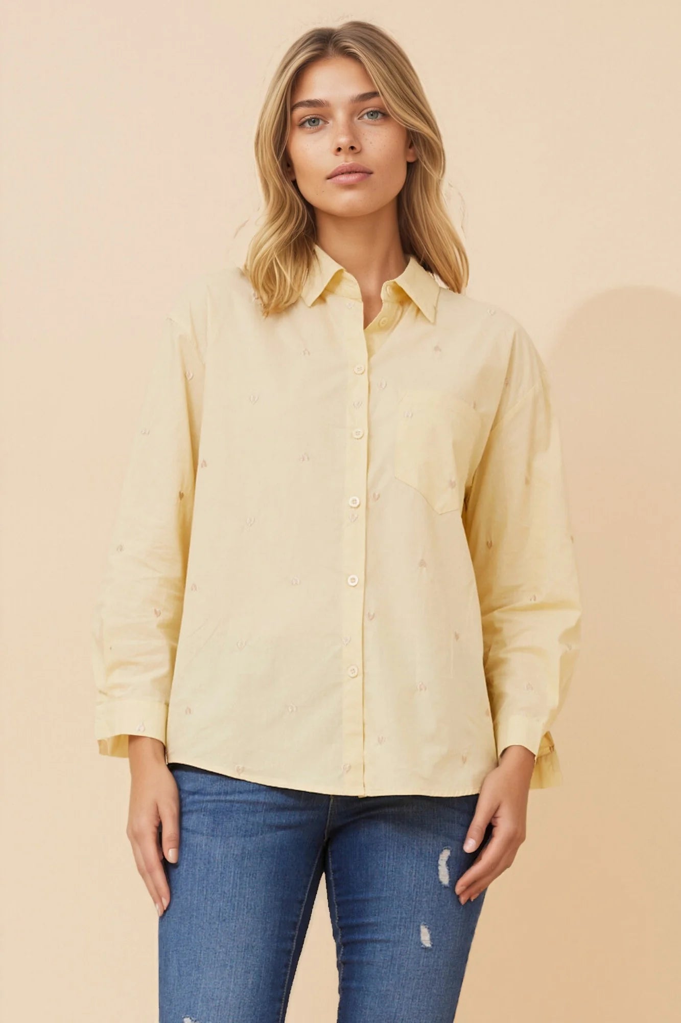 Boyfriend Heart Embroidered Shirt in Butter
