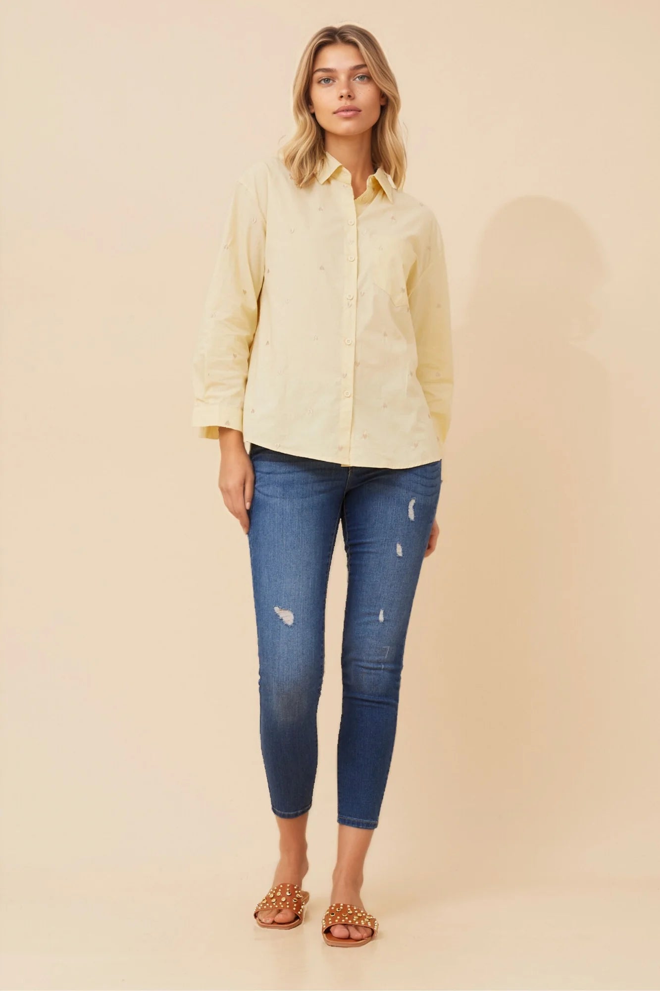 Boyfriend Heart Embroidered Shirt in Butter
