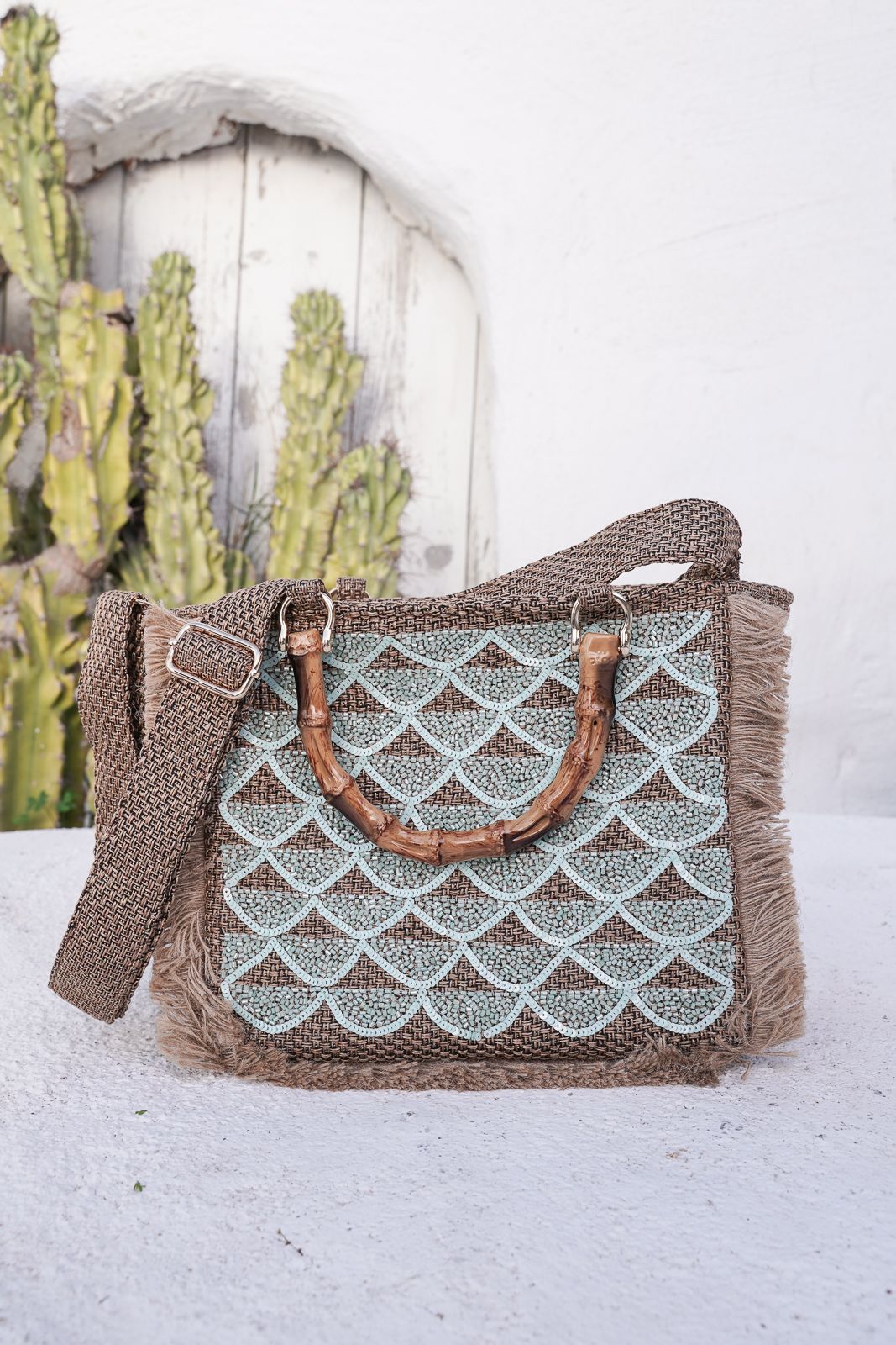 Scalloped Sequin Bag in Aqua