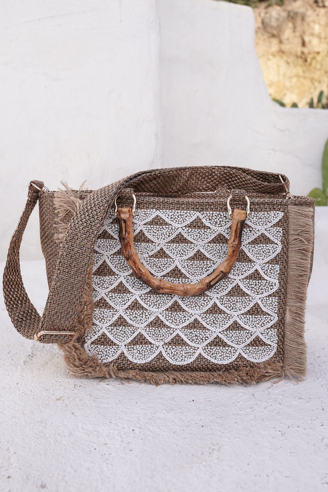 Scalloped Sequin Bag in White