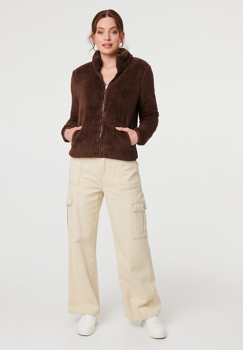 Zip Up Teddy Jacket in Chocolate