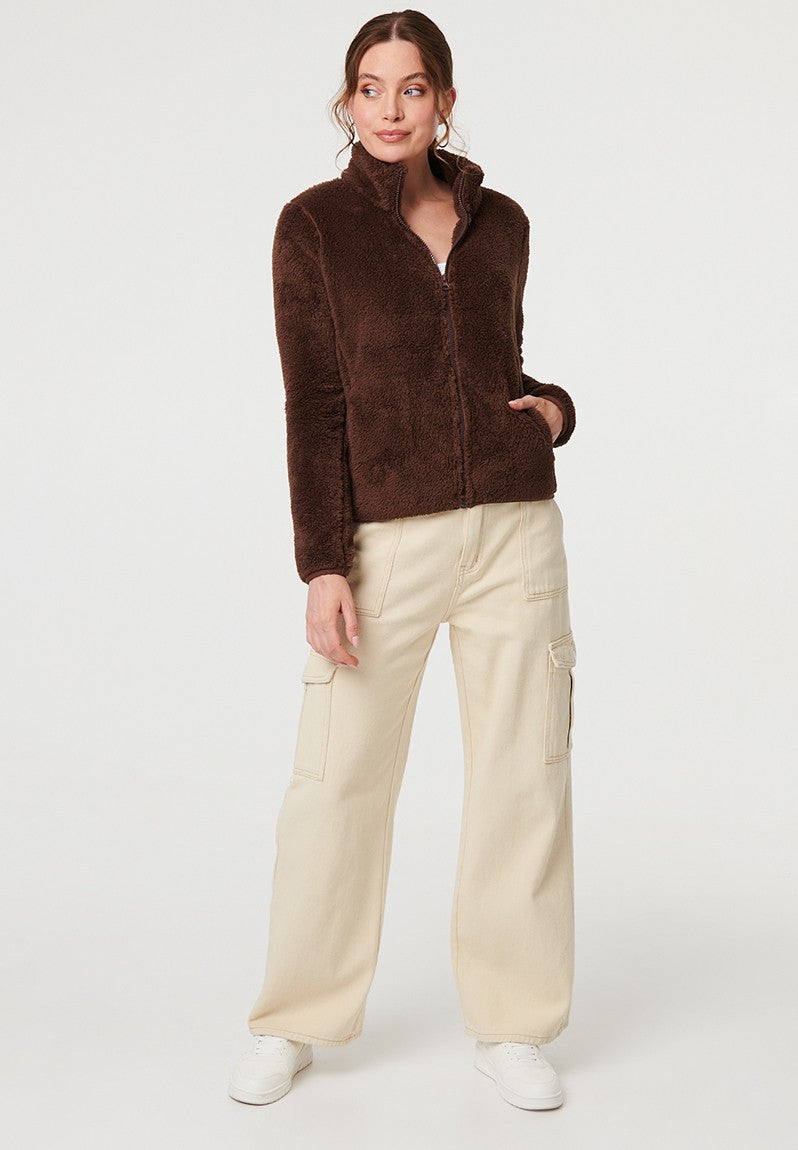 Zip Up Teddy Jacket in Chocolate