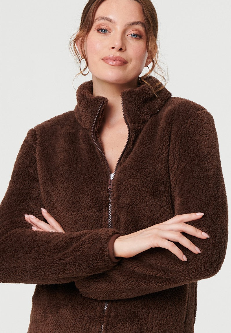 Zip Up Teddy Jacket in Chocolate