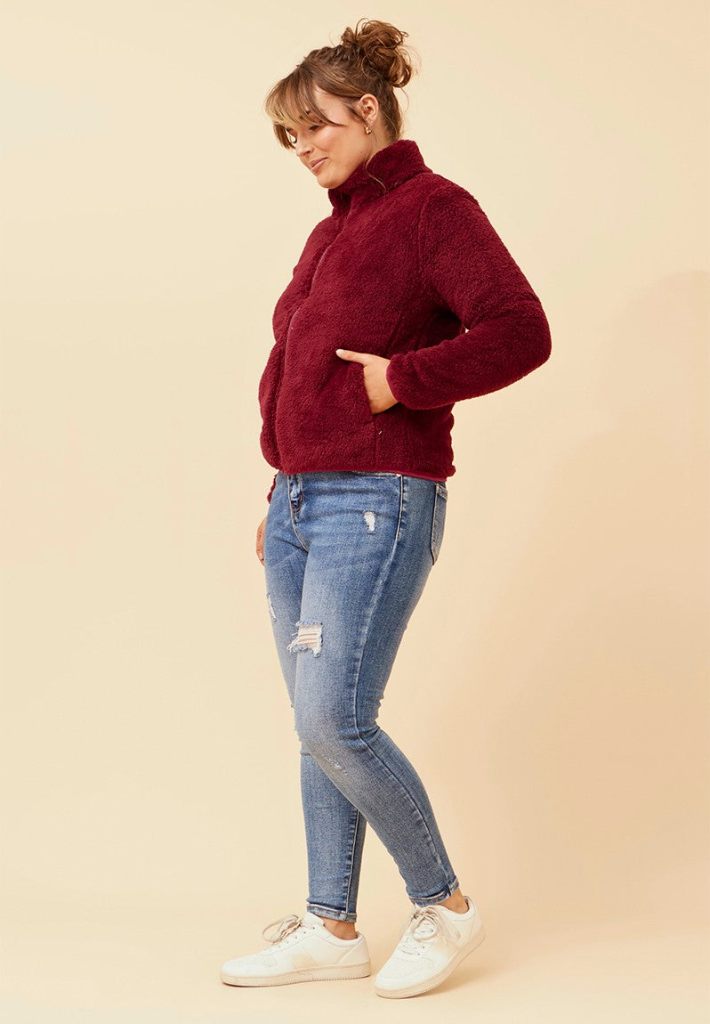 Zip Up Teddy Jacket in Red