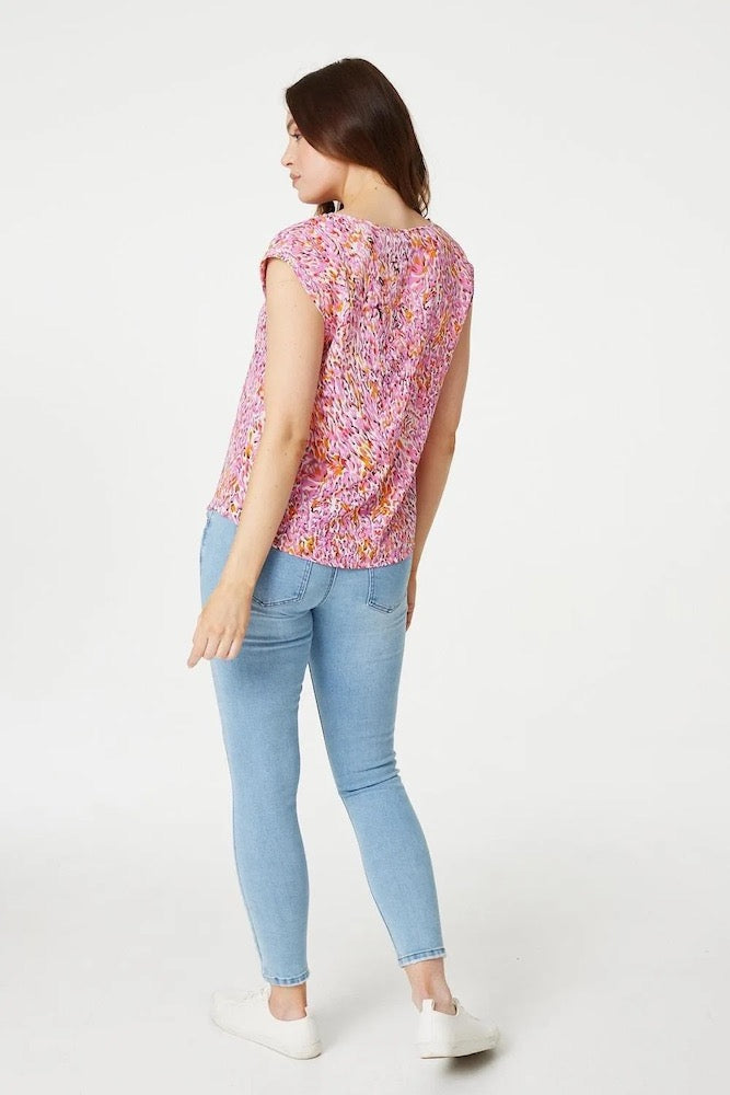 Cap Sleeve Printed Top in Red/Pink