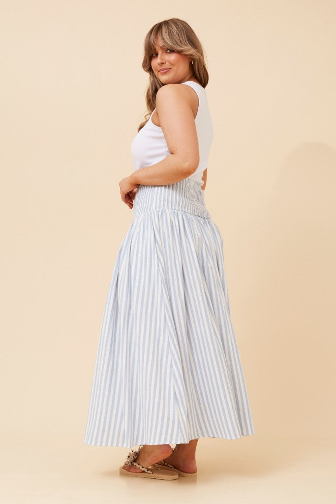 Smocked Waist Maxi Skirt in Blue Stripe