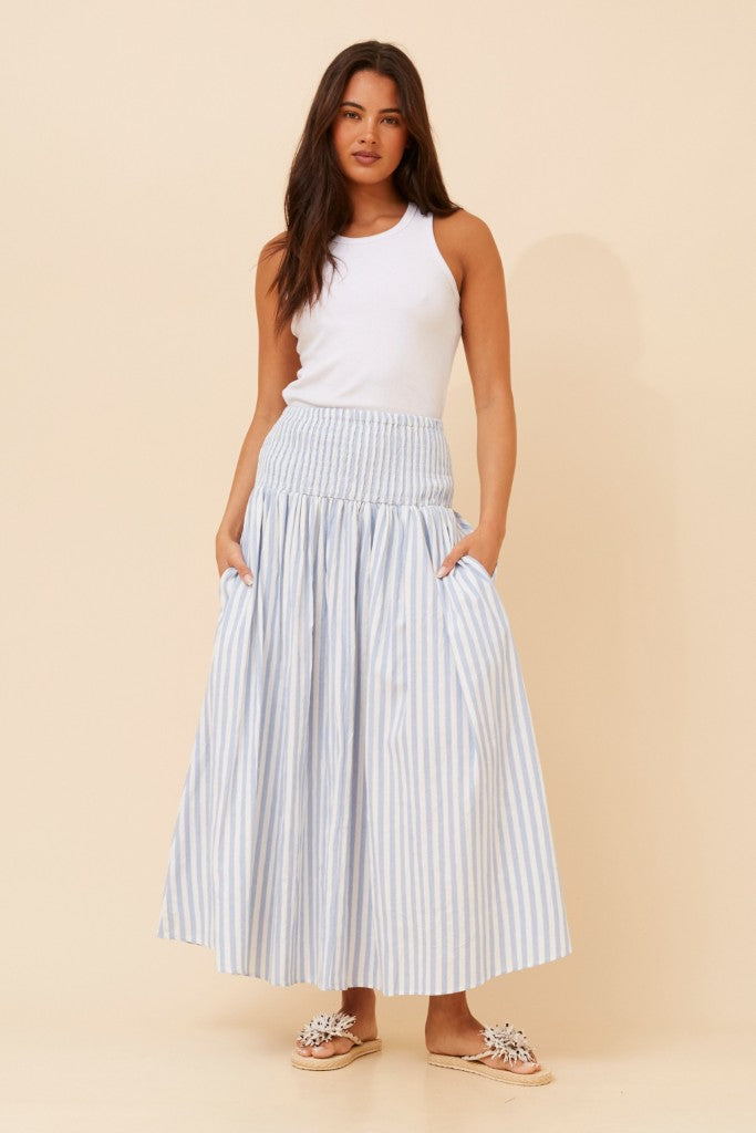Smocked Waist Maxi Skirt in Blue Stripe