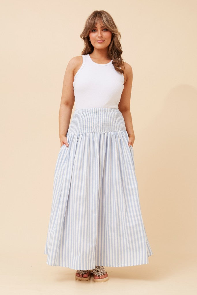 Smocked Waist Maxi Skirt in Blue Stripe