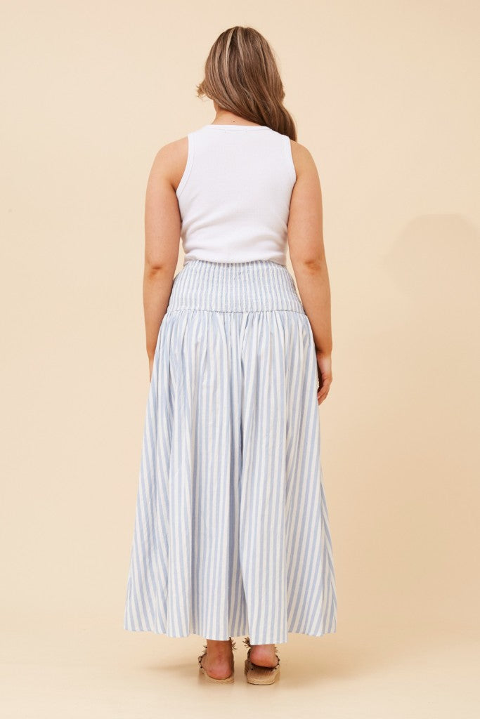 Smocked Waist Maxi Skirt in Blue Stripe