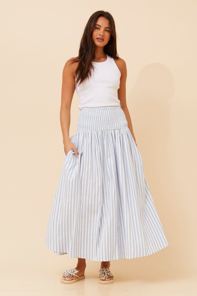 Smocked Waist Maxi Skirt in Blue Stripe