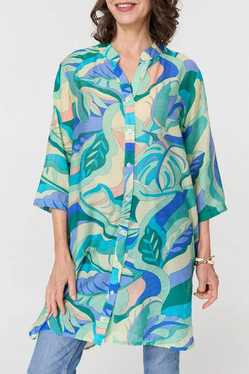 Abstract Longline Relaxed Tunic Shirt in Green
