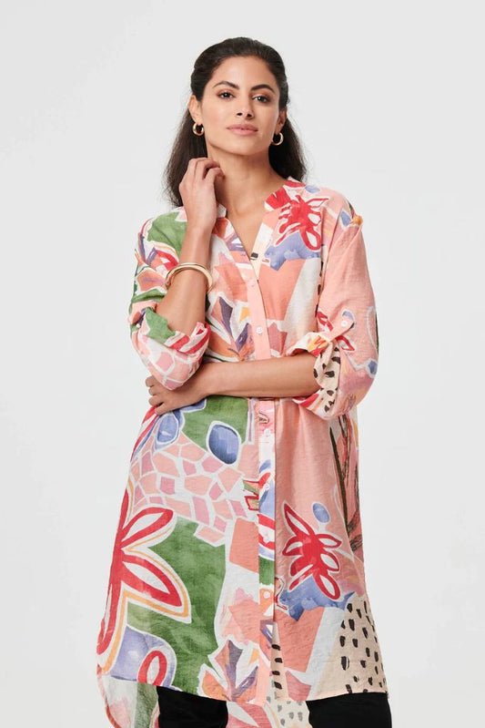 Abstract Longline Relaxed Shirt Dress in Pink