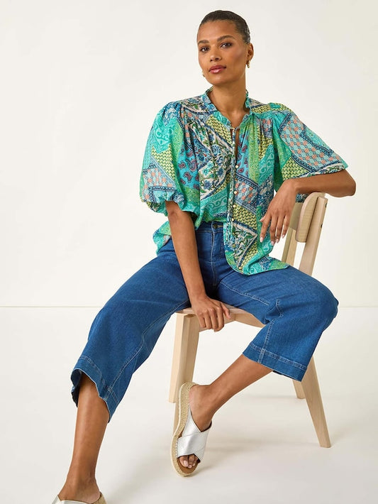 Patchwork Print Tie Front Blouse
