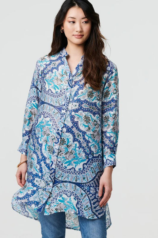 Paisley Long Sleeve Tunic Shirt in Blue