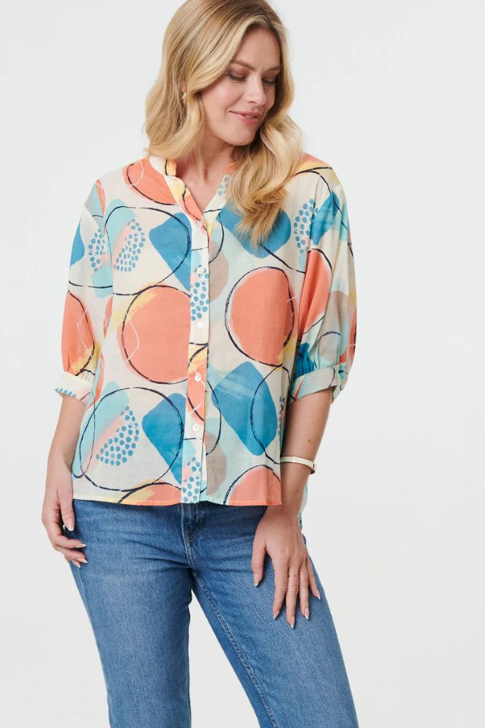 Printed 3/4 Sleeve Button-Back Blouse in Orange