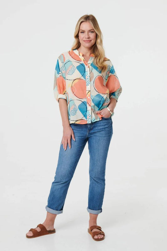 Printed 3/4 Sleeve Button-Back Blouse in Orange