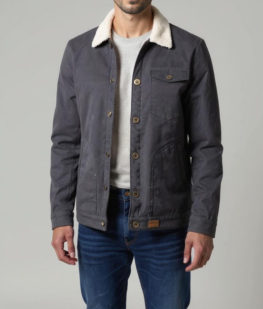 Sherpa Lined Canvas Jacket in Charcoal