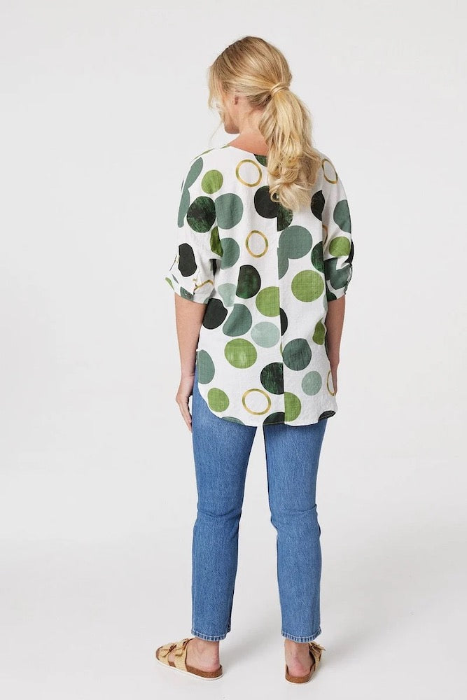 Half Sleeve Polka Dot Top in Green