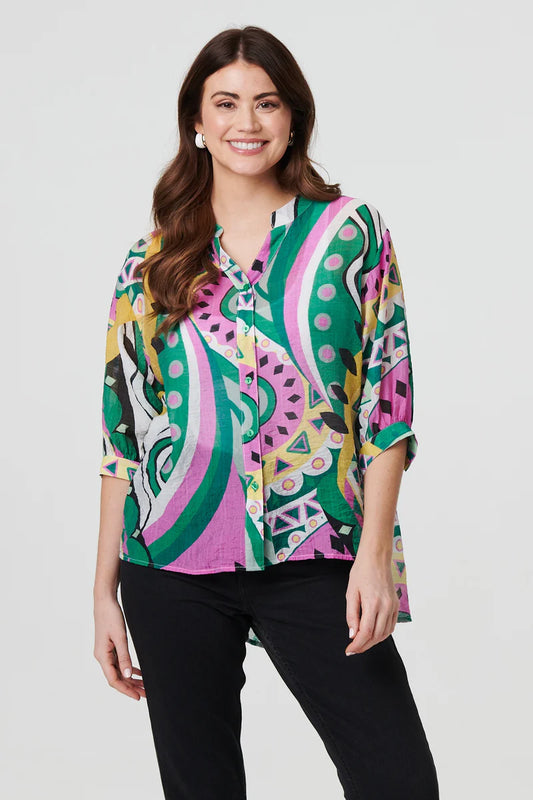 Abstract Print 3/4 Sleeve Relaxed Shirt in Green