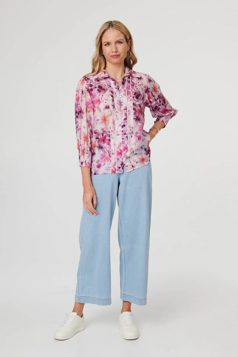 3/4 Puff Sleeve Top in Pink Floral