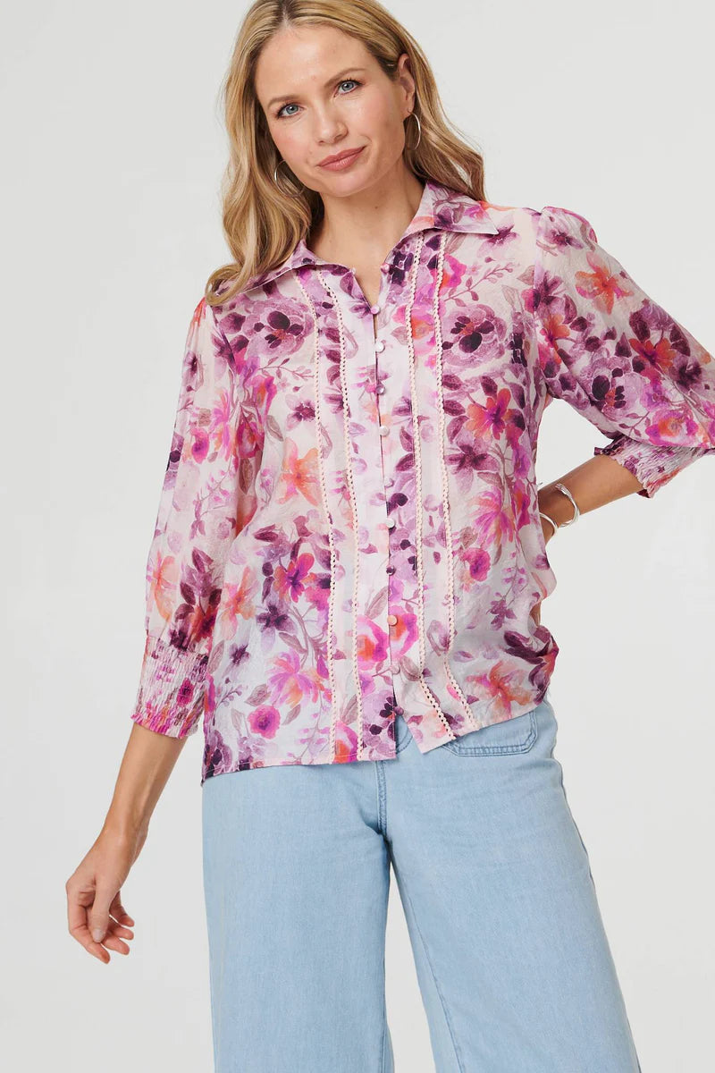 3/4 Puff Sleeve Top in Pink Floral