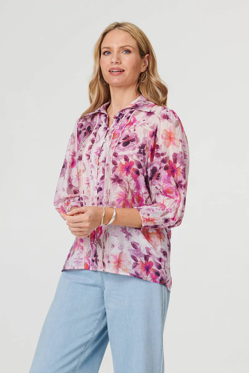 3/4 Puff Sleeve Top in Pink Floral