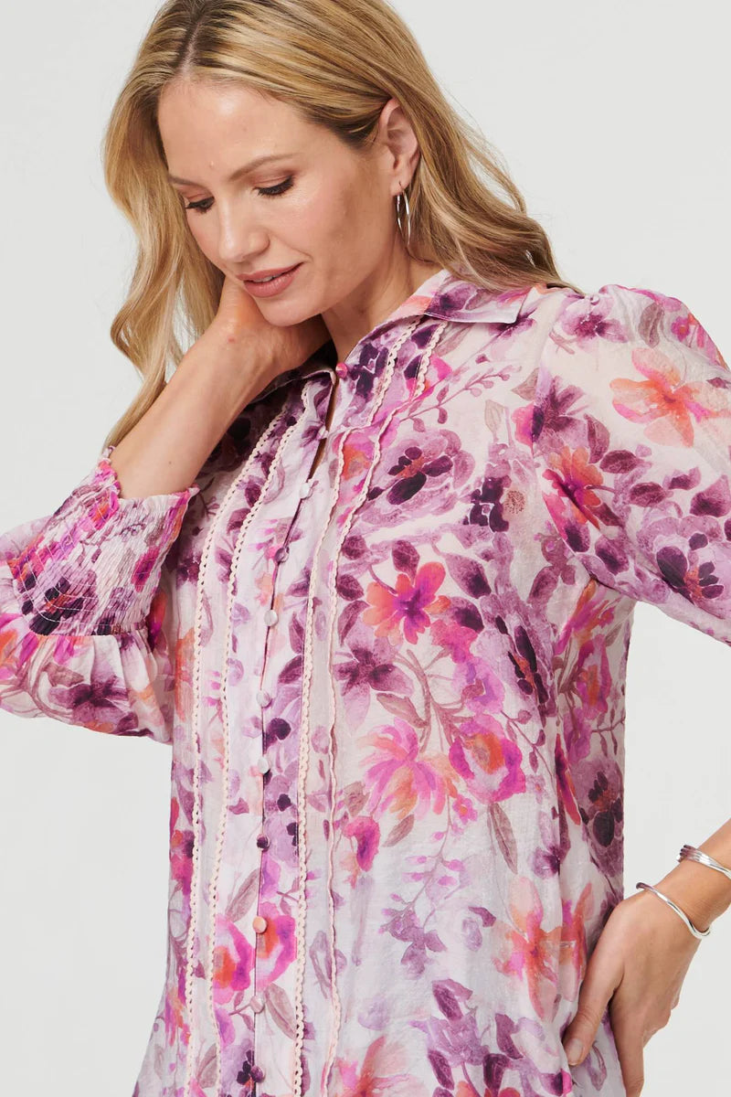 3/4 Puff Sleeve Top in Pink Floral