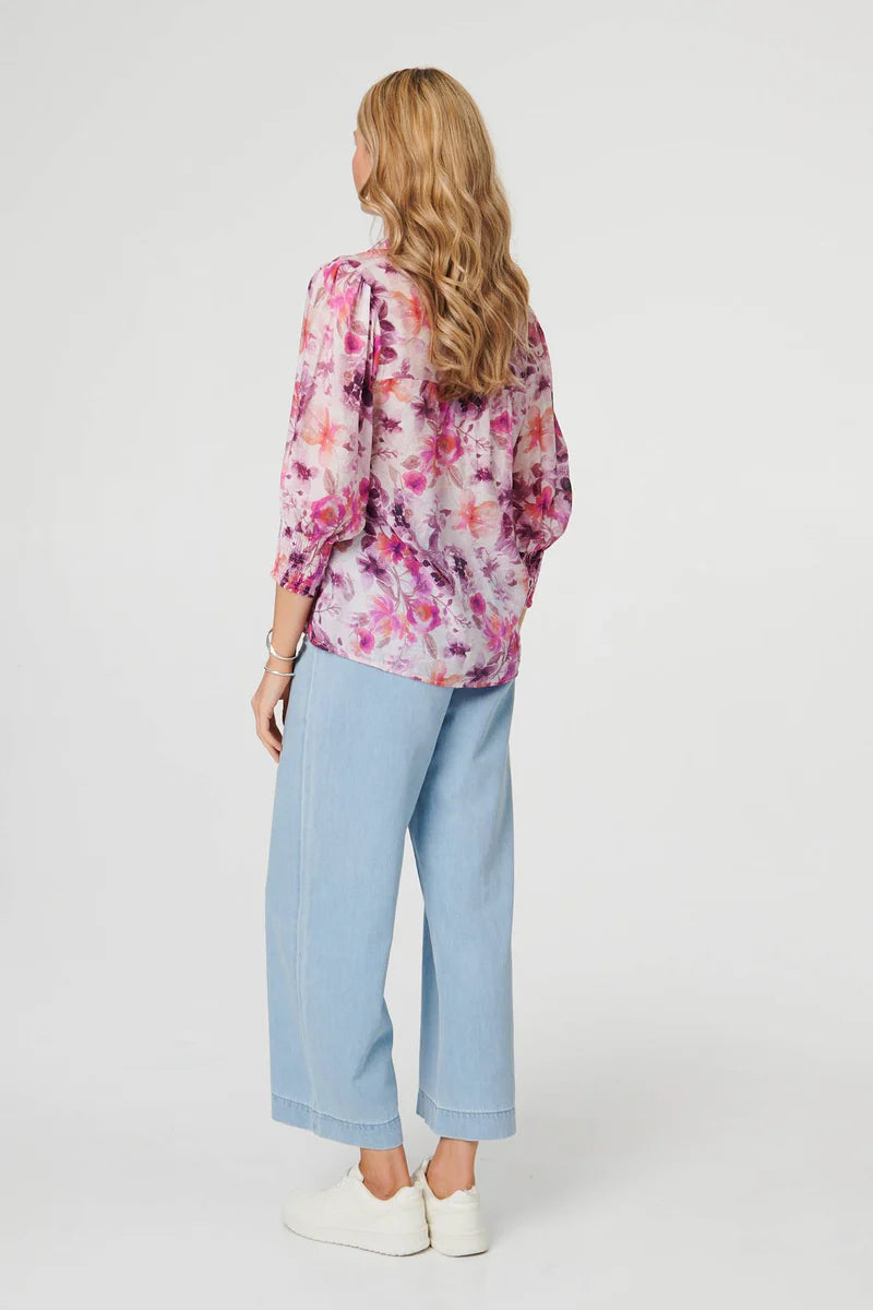 3/4 Puff Sleeve Top in Pink Floral