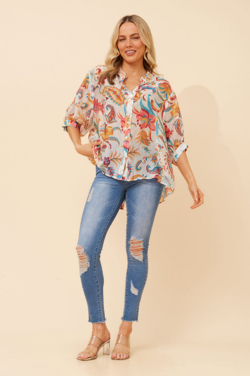 Back Button 3/4 Sleeve Blouse in Multi Pink