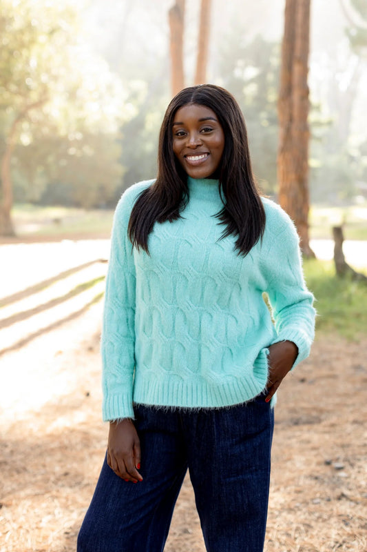 Trento Cable Knit Funnel Neck in Aqua