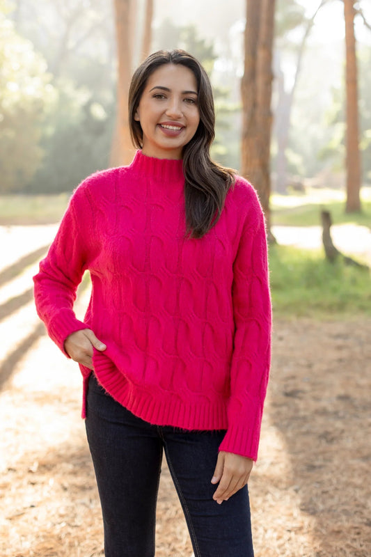 Trento Cable Knit Funnel Neck in Cerise Pink