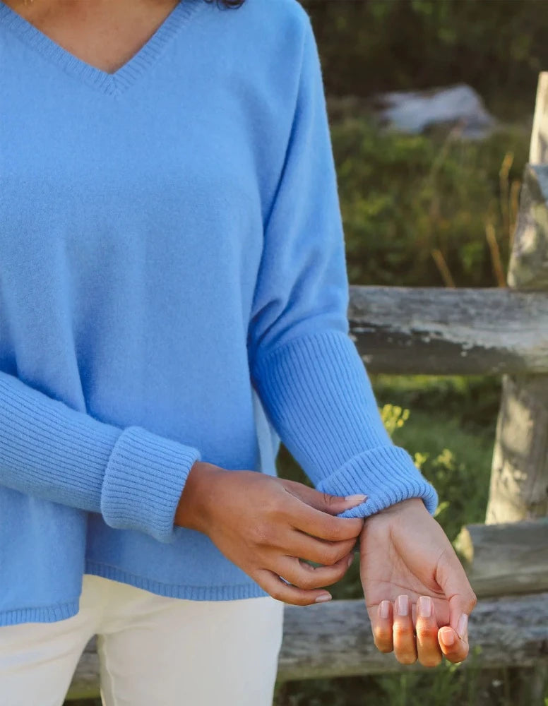 Cashmere Oversized Batwing V Neck Elemental Blue Sweater