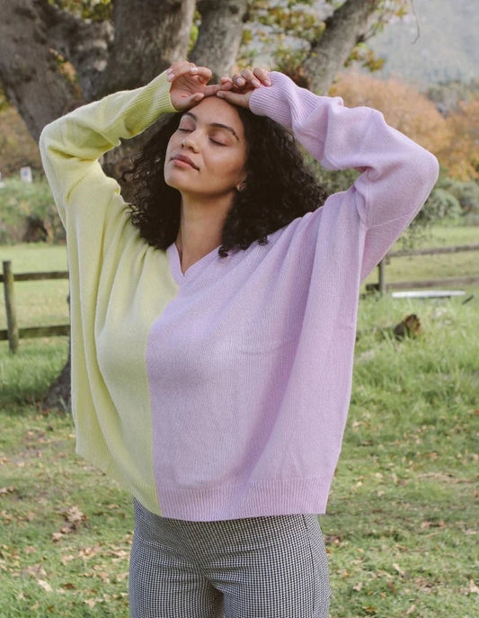 Cashmere Oversized Batwing V Neck Lilac/Butter Sweater