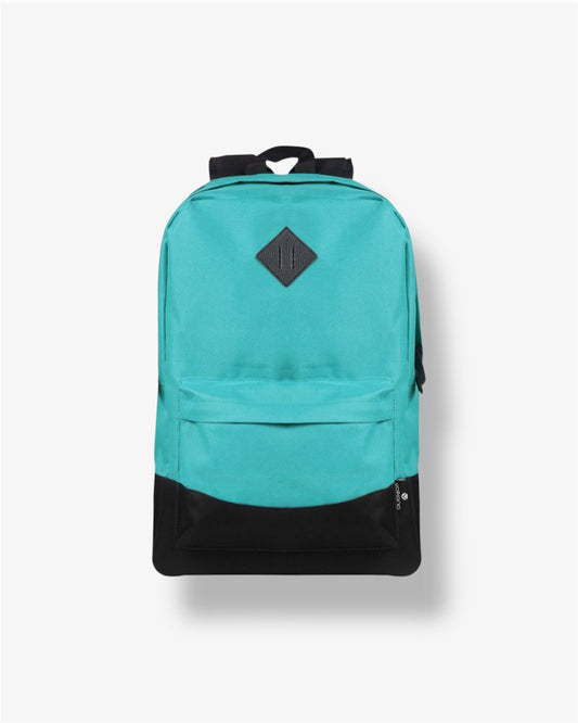 Teal and black backpack on a light gray background