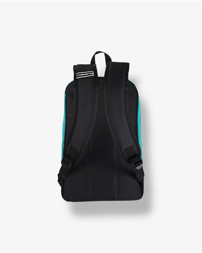 back of backpack with a visible brand logo on a white background