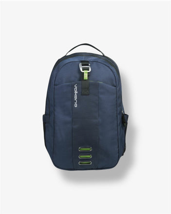 Navy blue backpack with green accents on a light gray background