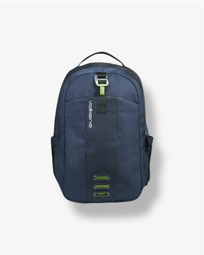 Navy blue backpack with green accents on a light gray background